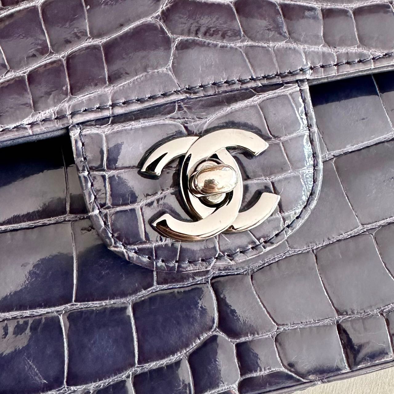 CHANEL SHINY BLUE ALLIGATOR CLASSIC FLAP BAG WITH SILVER HARDWARE