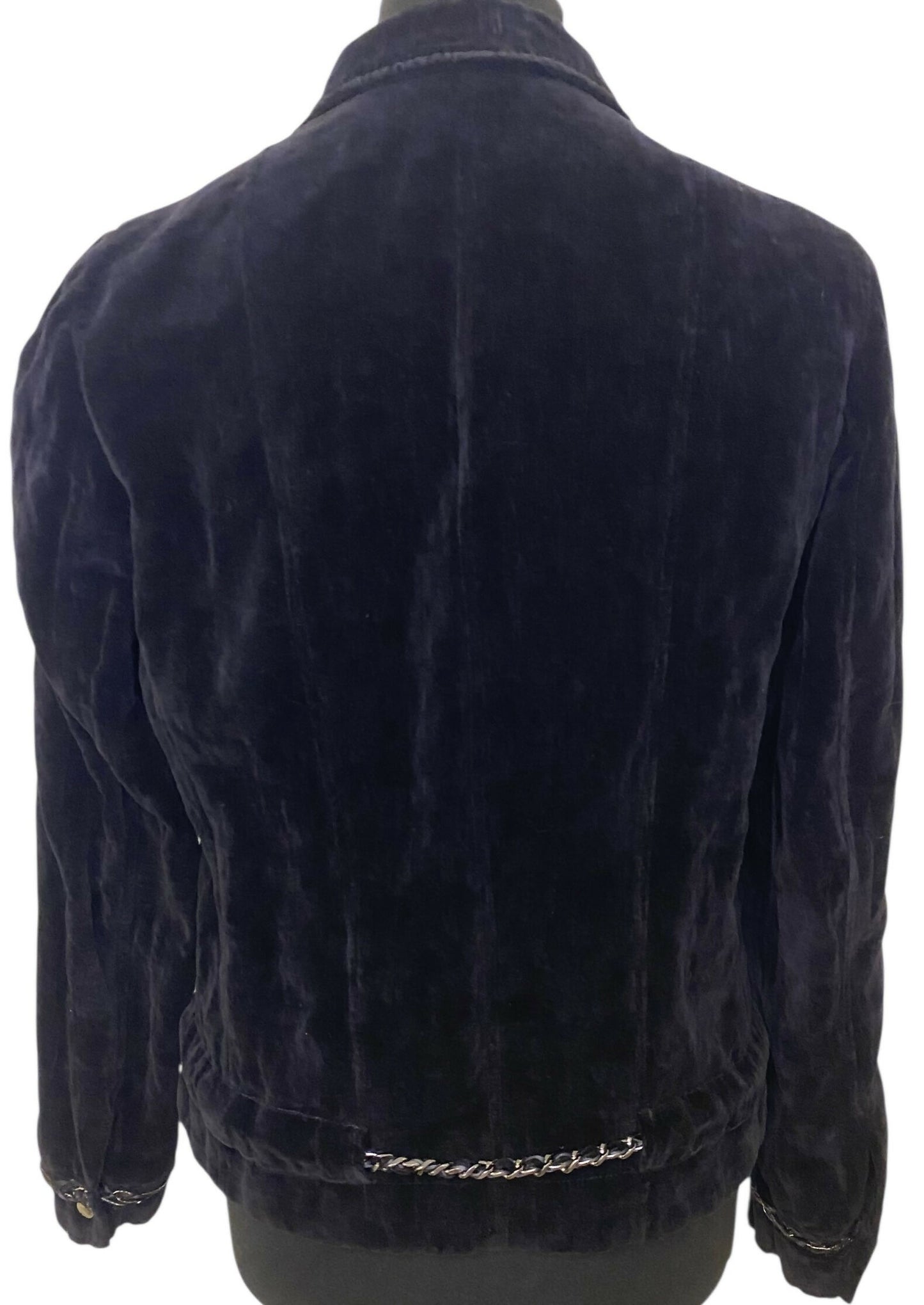 Chanel 06A Black Washed Velvet Bomber Biker Jacket Removable Chain Link Belt FR 48