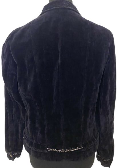 Chanel 06A Black Washed Velvet Bomber Biker Jacket Removable Chain Link Belt FR 48