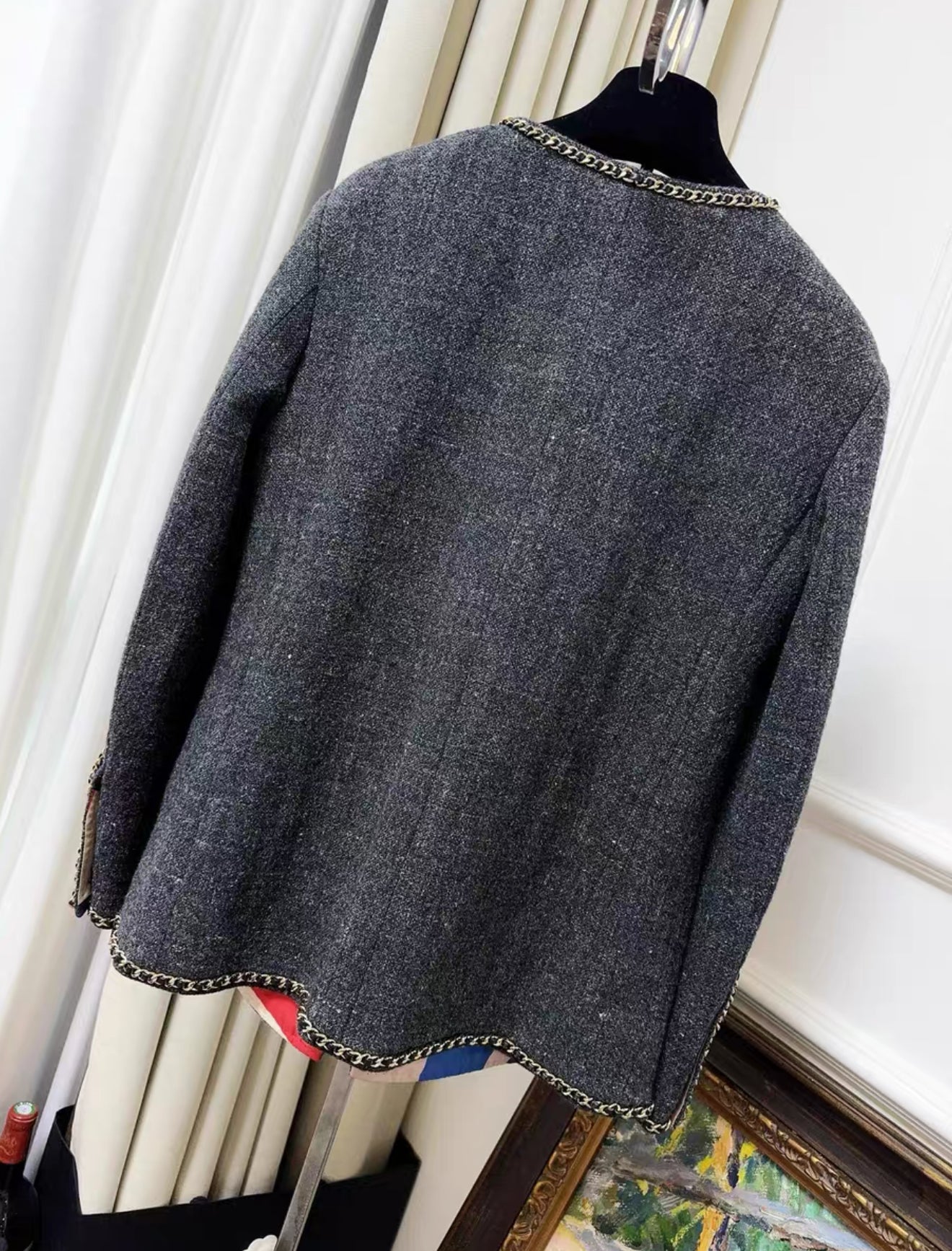 Chanel 19b Gray Tweed with gold Chain jacket