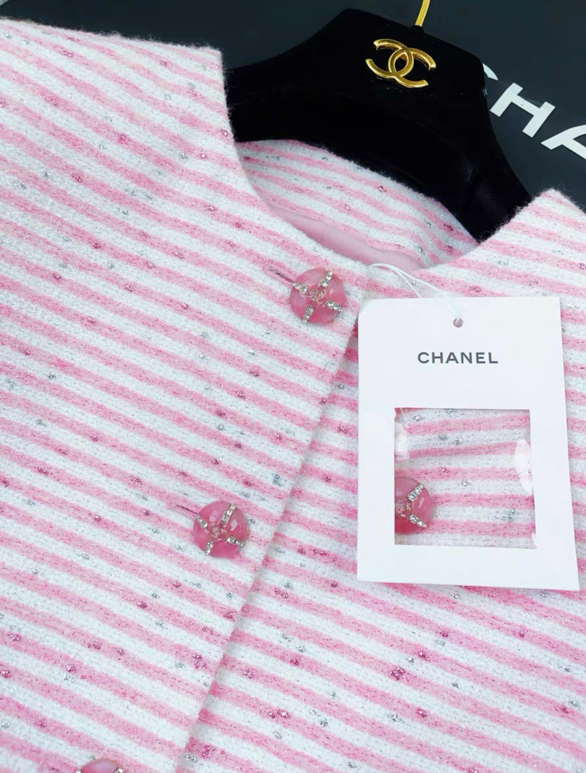 Chanel 24C pink and white striped glitter jacket size 38