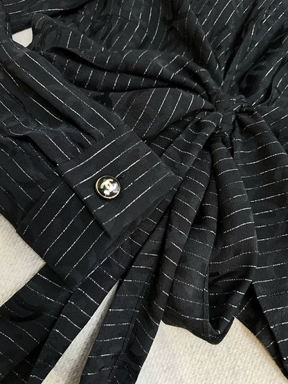 Chanel 23p Black Double C Striped Tie-Waist Shirt