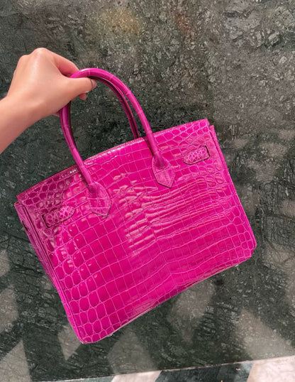 HERMÈS Birkin 30 Rose Scheherazade (J5) Shiny Niloticus Crocodile Palladium hardware