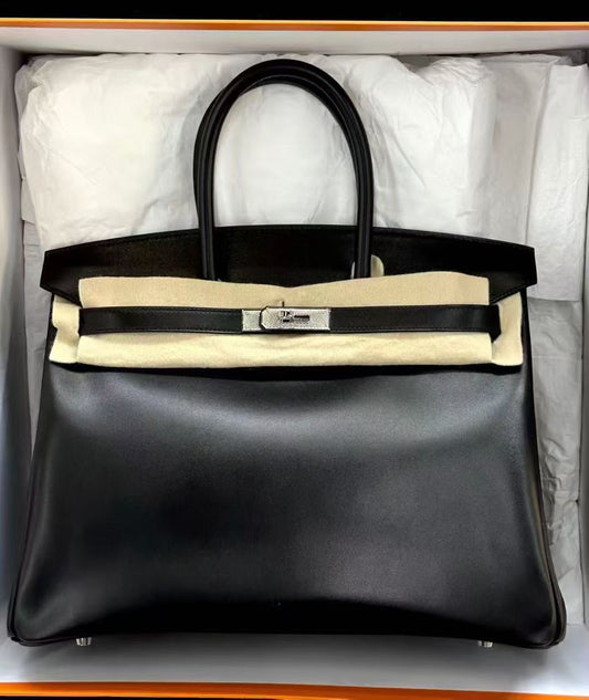 Hermes Birkin 35 Bag Black Box Palladium Guilloche Hardware