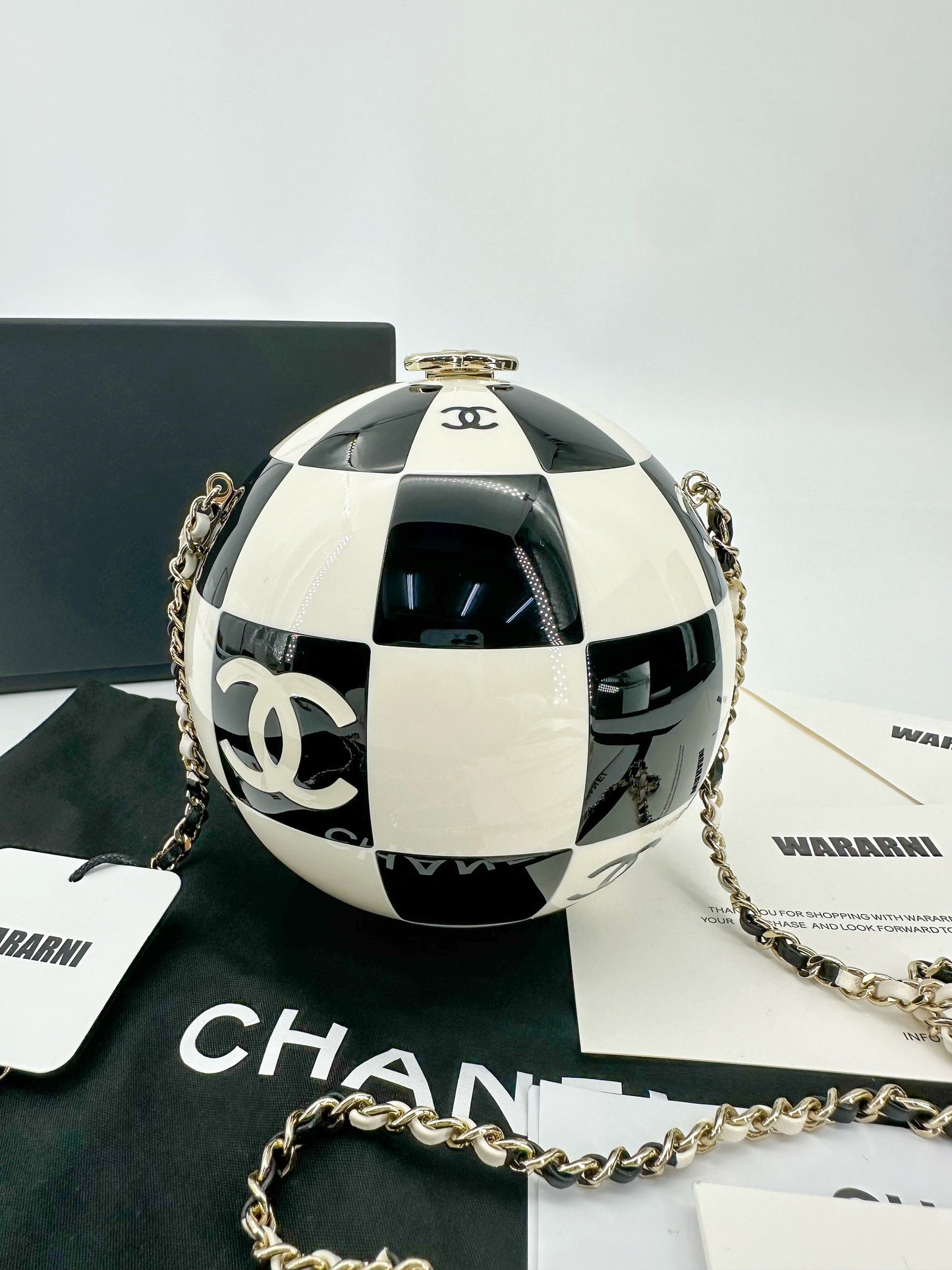 Chanel 23C Black and White Resin and Enamel Checker Sphere Minaudiere Pale Gold Hardware