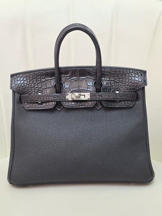 Hermes Birkin 25 touch black crocodile/togo leather palladium hardware