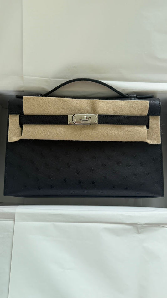 Hermes Kelly Pochette Black Ostrich Palladium hardware