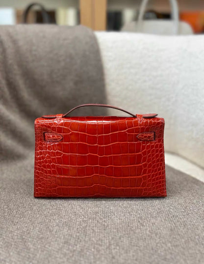 Hermès Kelly Pochette Braise Red Shiny Alligator Palladium Hardware