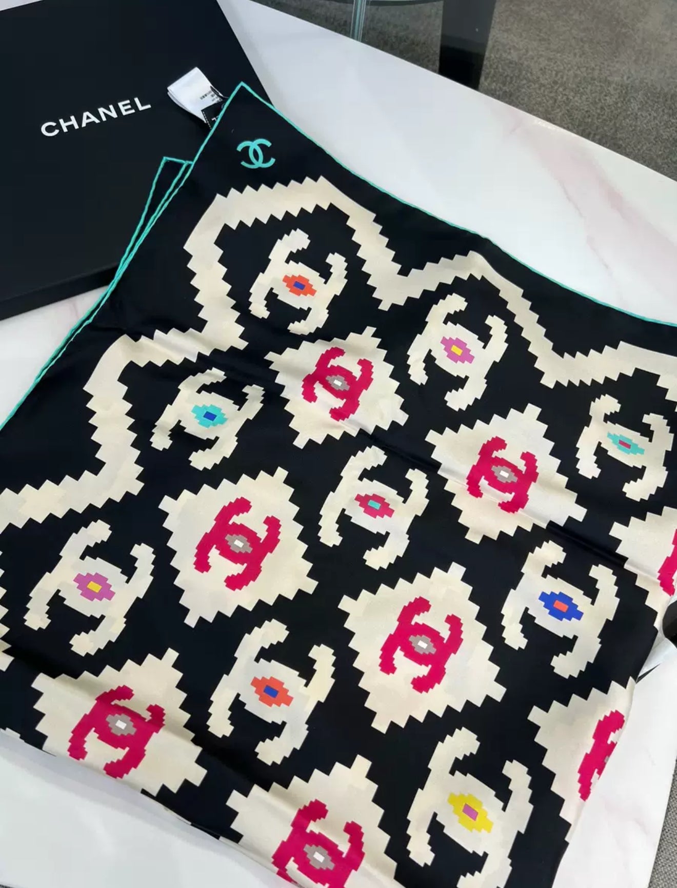 Chanel 23A colourful double C silk scarf