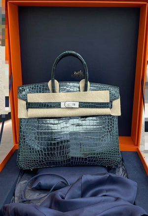 Hermes Birkin 25 Vert Rousseau Shiny porosus crocodile leather white gold diamond hardware
