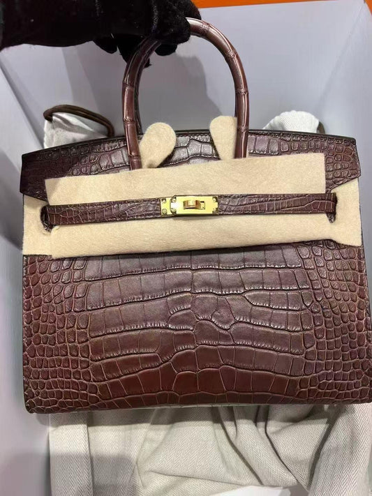 Hermes Birkin 25 Havana Matte Crocodile Leather Gold Hardware