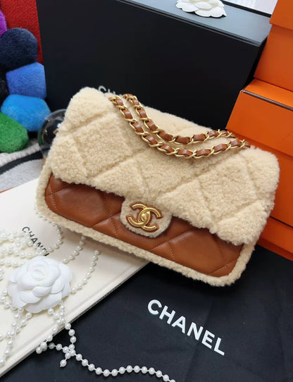 Chanel 24K shearling fur & Brown Leather flap bag