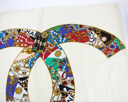 Chanel 100% Silk Beige Jewelry Pattern Scarf