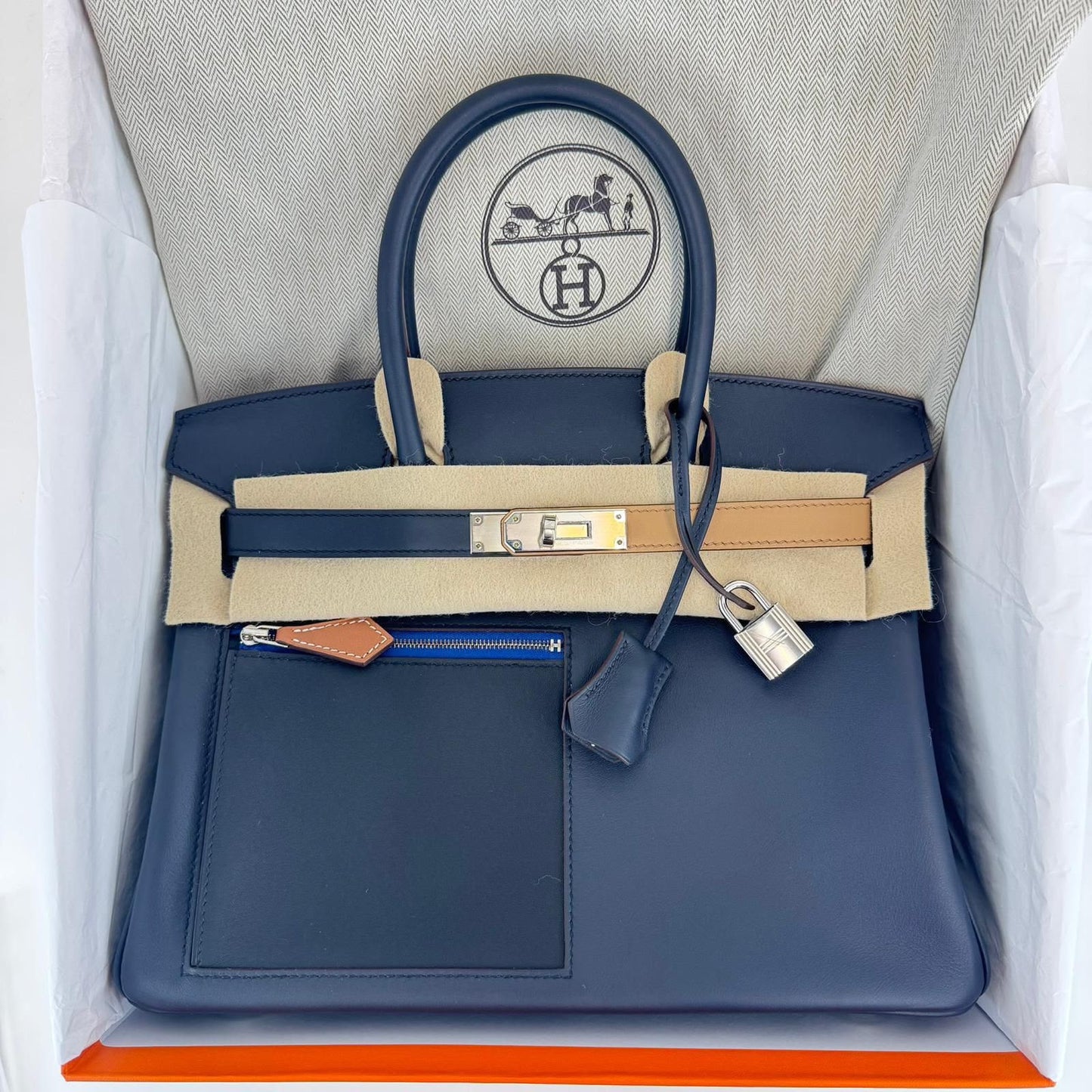 Hermes Birkin 30 colormatic blue nuit / chai palladium hardware
