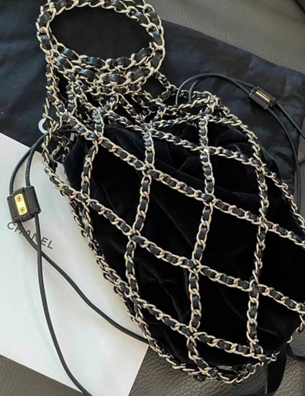 CHANEL 2021 RUNWAY BLACK VELVET DRAWSTRING BAG WITH GOLD HARDWARE