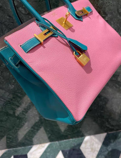 HSS Hermes Birkin 30 Rose Confetti/Etoupe/Turquoise Chevre Leather With Brushed Gold Hardware