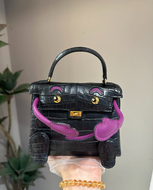 Hermes Kelly Doll Black & Anemone Purple Alligator Crocodile Gold Hardware