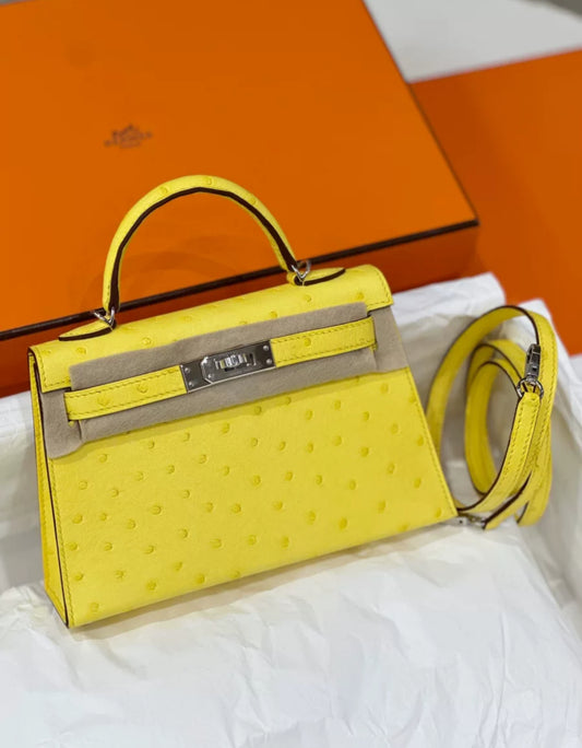 Hermès Mini Kelly Jaune Citron Ostrich leather Palladium Hardware