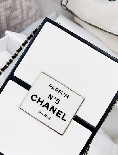 CHANEL 21SS A LIMITED EDITION WHITE & BLACK LEATHER CHANEL NO. 5 PARFUM BOX CLUTCH