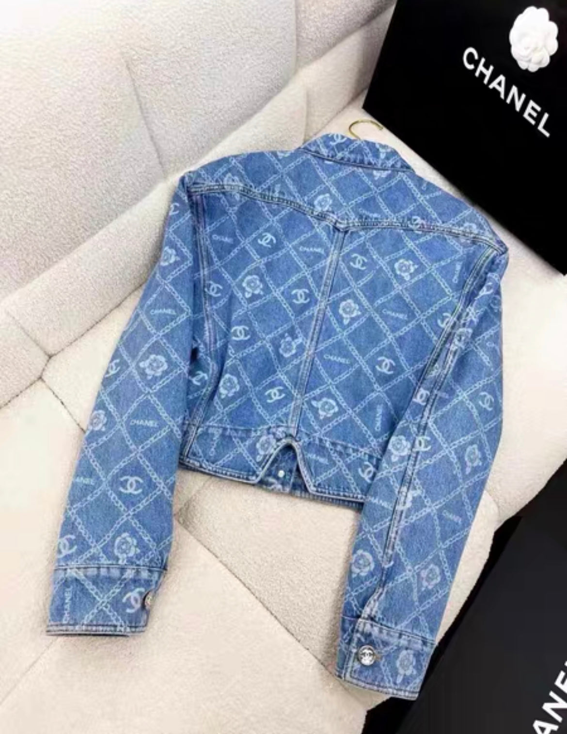 Chanel 23A Blue Jeans Denim Jacket CC Logo camellia Flower Print Size 38