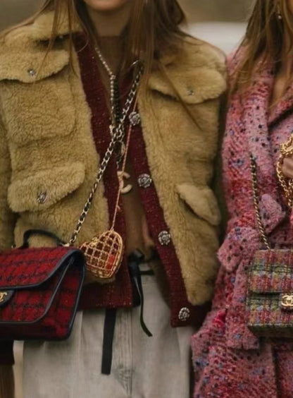 Chanel 22K silk fur jacket in beige and burgundy size 38