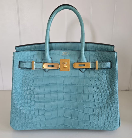Hermes Birkin 30 blue Saint matte alligator gold hardware