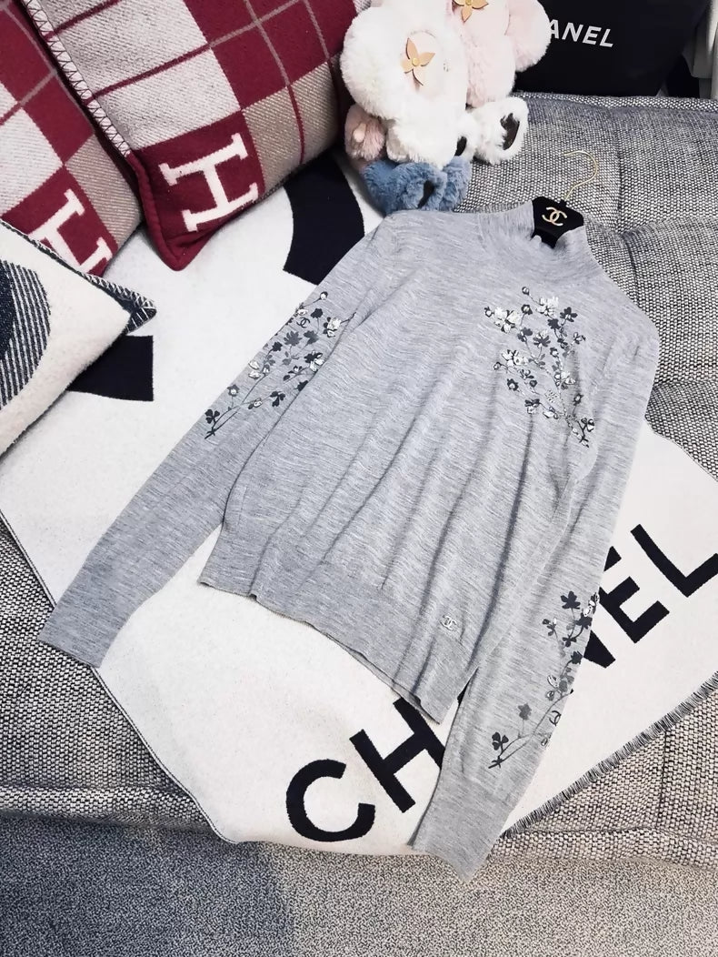 Chanel 22K grey turtleneck knit sweater with rhinestone and beaded floral print