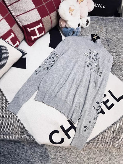 Chanel 22K grey turtleneck knit sweater with rhinestone and beaded floral print