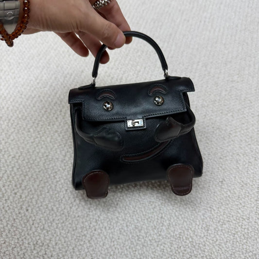 Hermes Kelly doll black & brown swift leather palladium hardware