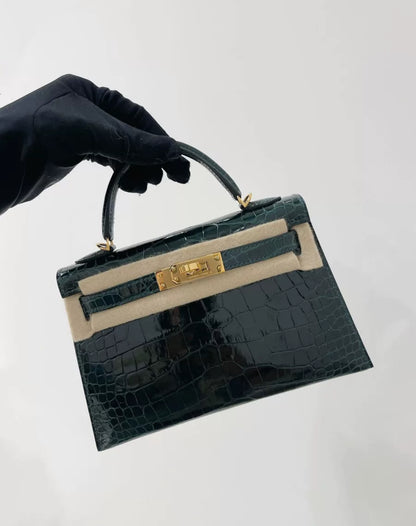 Hermes Mini Kelly Dark Green Shiny Crocodile with Gold Hardware