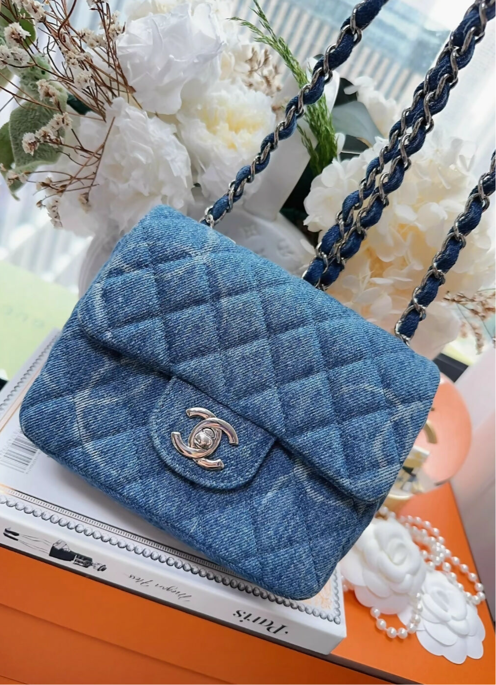 Chanel 20B Blue denim CC logo mini square flap bag