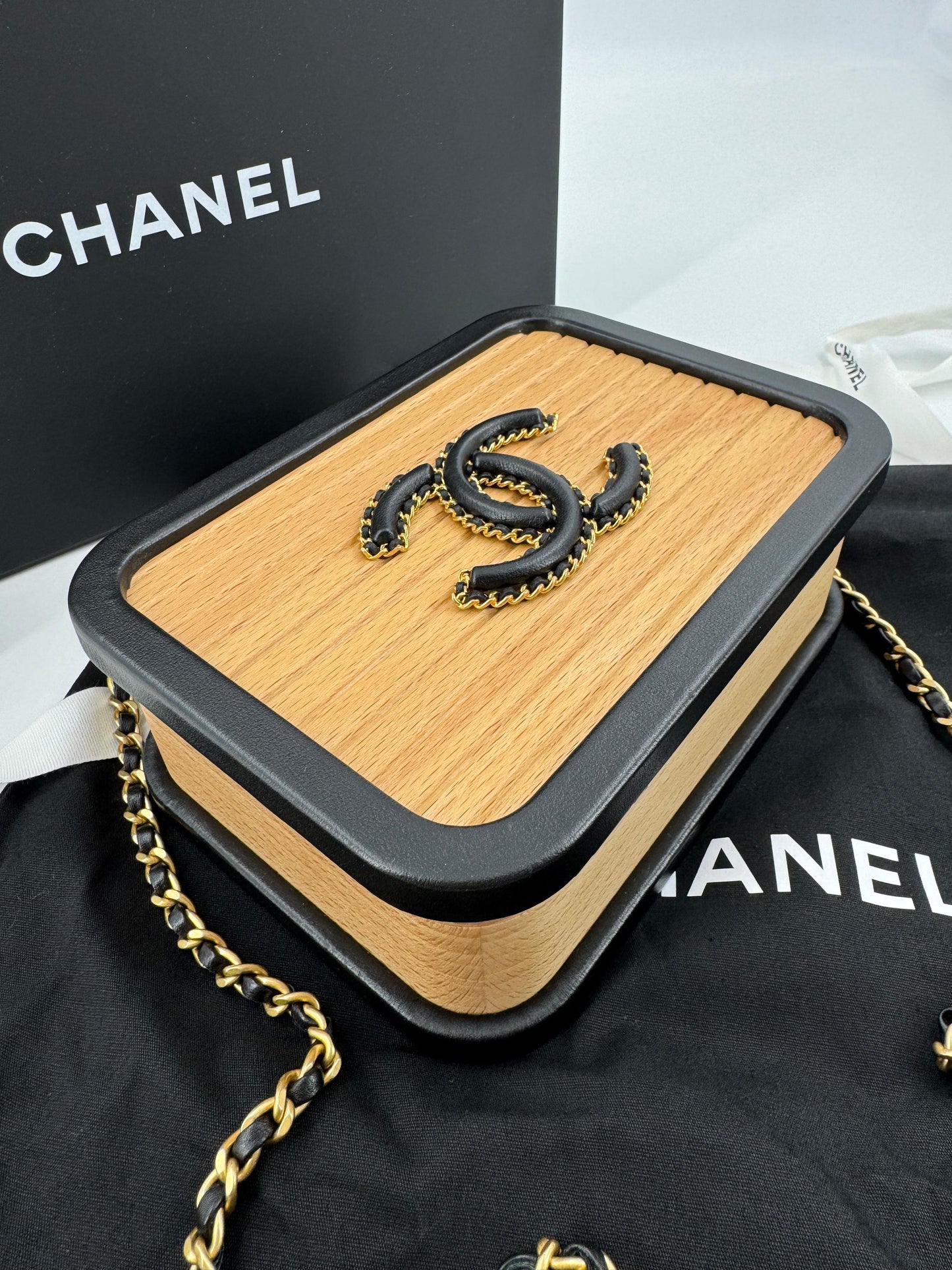 Chanel 2022 Beech Wood and Black Lambskin CC Vanity Case Brushed Gold Hardware
