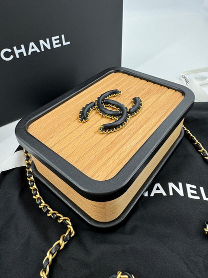 Chanel 2022 Beech Wood and Black Lambskin CC Vanity Case Brushed Gold Hardware