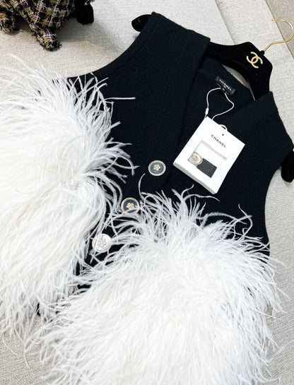 Chanel 23AW Black Cashmere & White Ostrich Feathers Vest