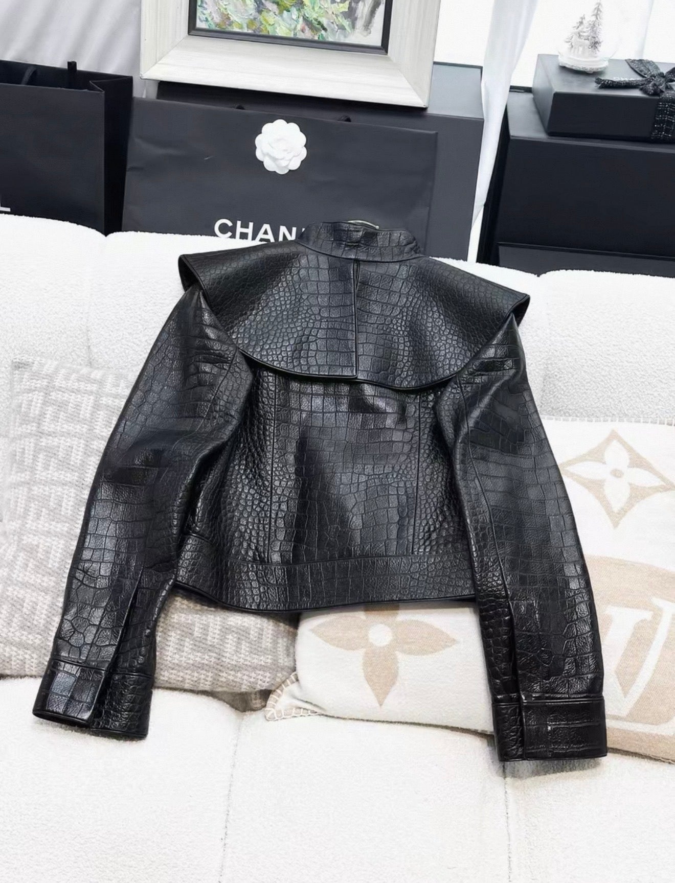 Chanel 19A Black Crocodile Leather Jacket
