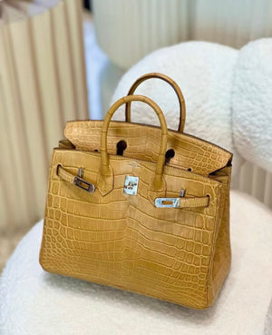 Hermes Birkin 25 Marigold yellow matte crocodile leather palladium hardware