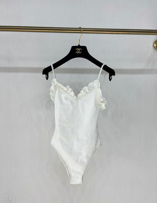 Chanel 23S White Ruffle CC Logo Swimsuit