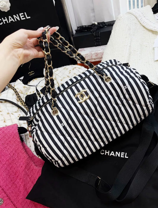 Chanel 24M coco beach black and white striped bowling bag