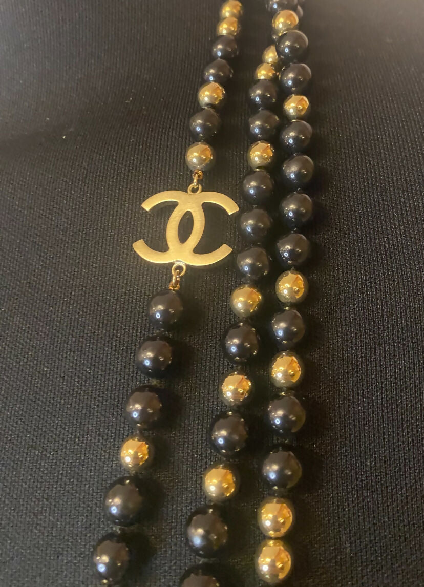 Chanel 16S Extra Long 3 Strand 4 CC Black Gold Mirror Beaded Necklace
