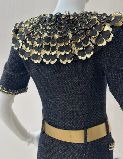 Chanel 19A Navy Blue & gold Embroidered Tweed dress