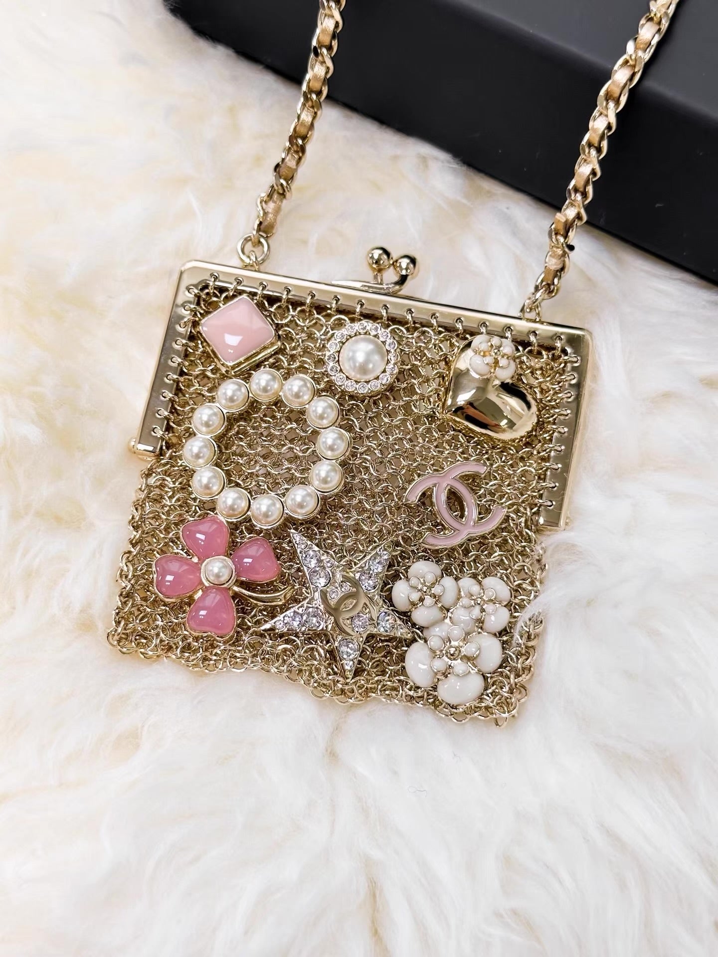 Chanel 22A gold pearl enamel multi-element mini chain evening bag