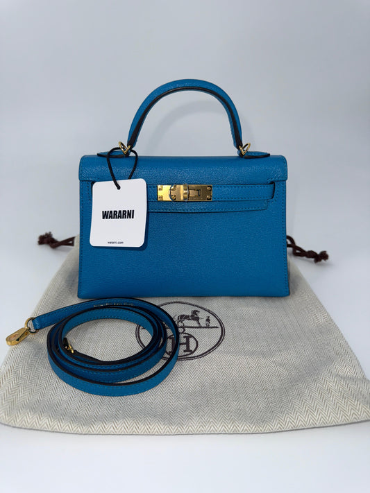 Hermes Mini Kelly Blue Chèvre Leather Gold Hardware