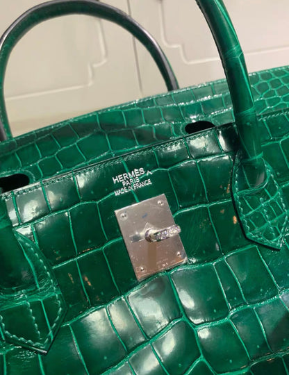 Hermes Birkin 40 Bag Emerald Shiny Porosus Crocodile Diamond Hardware