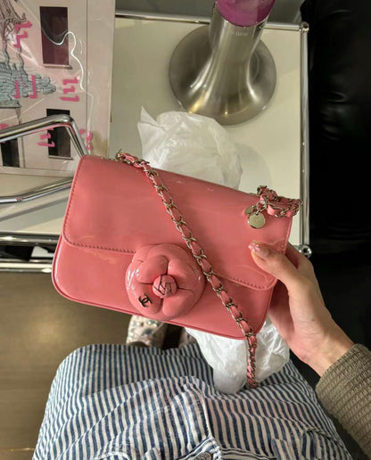 chanel 23k pink patent leather camellia large mini shoulder bag