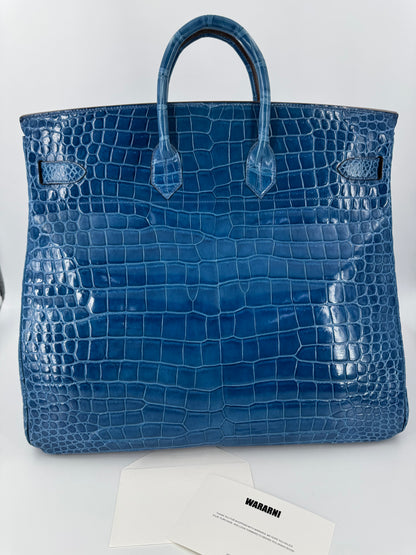 Hermes HAC 50 Blue Mykonos shiny porosus crocodile leather palladium hardware