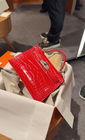 Hermes Mini Kelly 20 Red Braise shiny alligator Palladium hardware