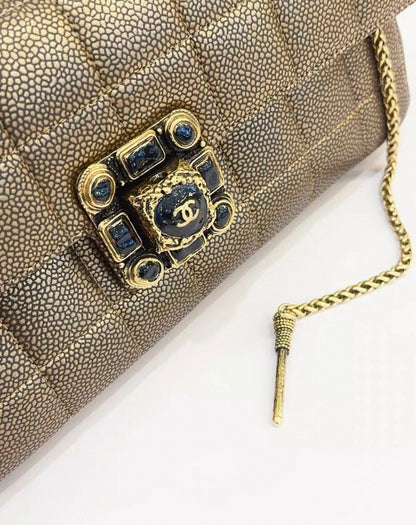 Chanel 2011 Gold Chocolate Bar Quilted Caviar Paris Byzance Gripoix East West Flap Bag Aged Gold Hardware,