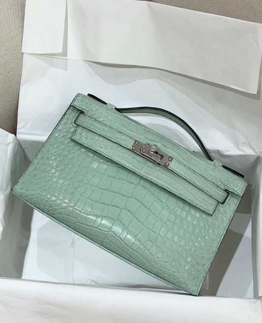 Hermes Kelly Pochette Vert D’Eau Matte Alligators Palladium hardware