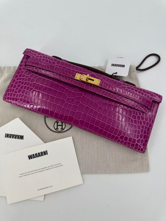 Hermes Kelly cut Rose Scheherazade Shiny croc Niloticus Gold hardware