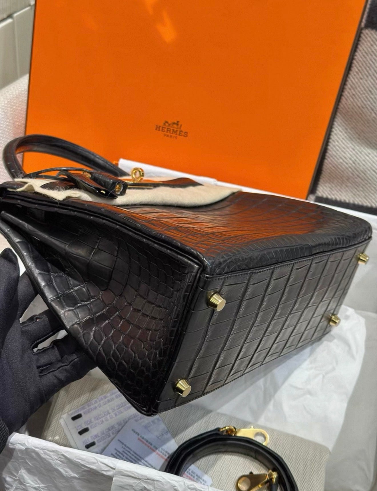 Hermes Kelly 28 black matte crocodile leather gold hardware
